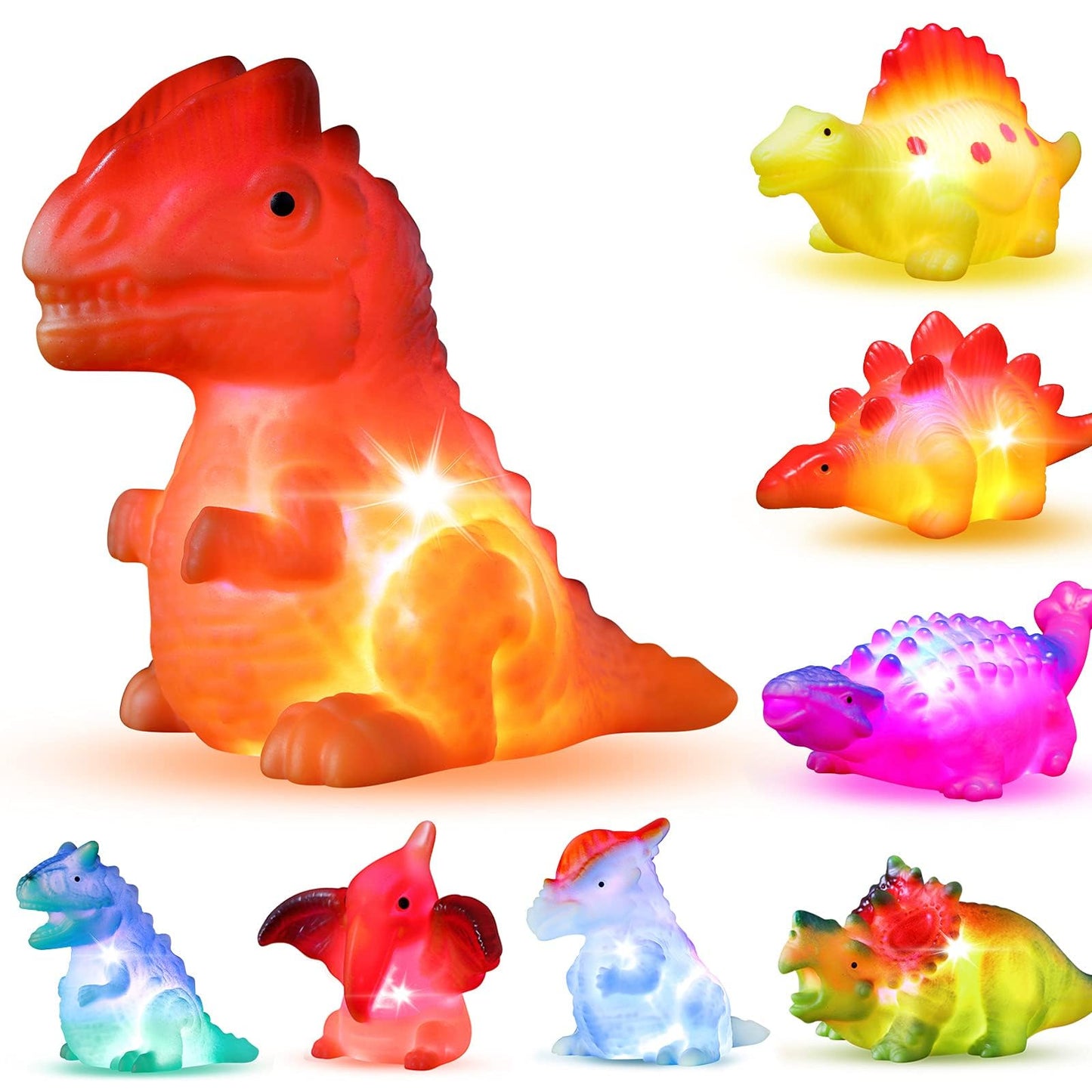 Bakatatoyz 8 Pack Light Up Dinosaur Bath Toys, Color Changing, Small, Multicolored, Floating Pool Toy for Kids and Toddlers
