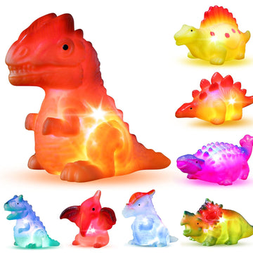 Bakatatoyz 8 Pack Light Up Dinosaur Bath Toys, Color Changing, Small, Multicolored, Floating Pool Toy for Kids and Toddlers