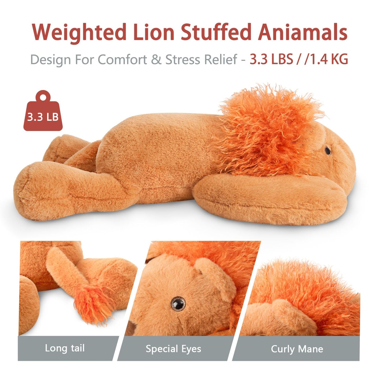 Niuniu Daddy 20'' | 3.3 Pound Weighted Lion Stuffed Animals For Adults, Cute Soft Lion Plush Toy For Toddler Teens Kids, Large L
