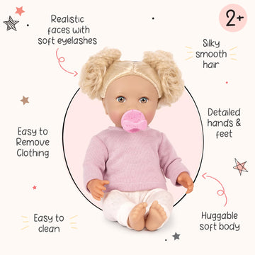 Lullababy - 14-Inch Realistic Baby Doll - Wavy Light-Blonde Hair, Blue Eyes & Soft Body - Pink Sweater Outfit, Hair Elastics & P