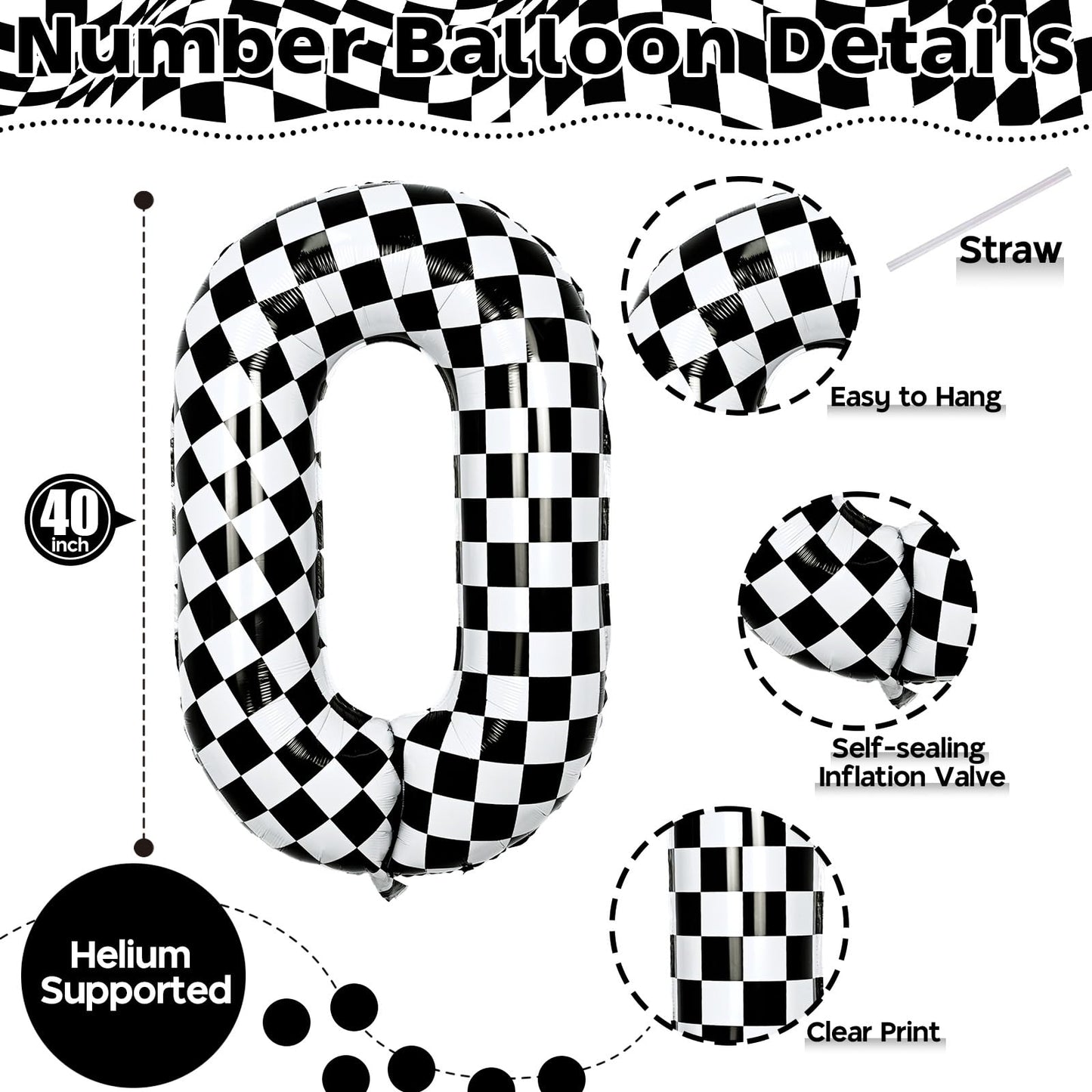 40 Inch Black And White Checkered 0 Balloon, Foil Number 0 Balloons Decor, Giant Self Inflating Helium 0 Racing Balloons For Boy