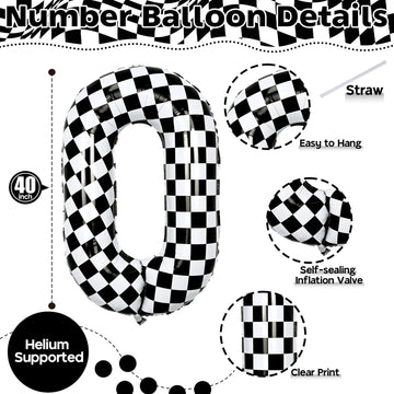 40 Inch Black And White Checkered 0 Balloon, Foil Number 0 Balloons Decor, Giant Self Inflating Helium 0 Racing Balloons For Boy