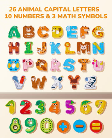 Joycat Wooden Thick Alphabet Magnets For Toddlers Fridge Large Size Cute Animal Colorful Abc Magnetic Letters 26 Uppercase Letters 0-9 Numbers Toy Set For Kids Toddlers Preschool Learning Spelling