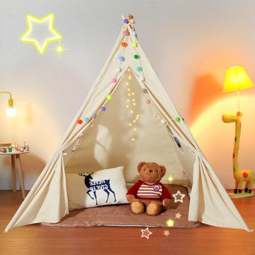 Vevor Teepee Tent For Kids Indoor - Tent For Kids With Damp-Proof Mat & Decorative Balls, Durable Kids Play Tent Outdoor With 19Mm Frame & Non-Slip Bottom, Toddler Tent For Boys And Girls Aged 3+