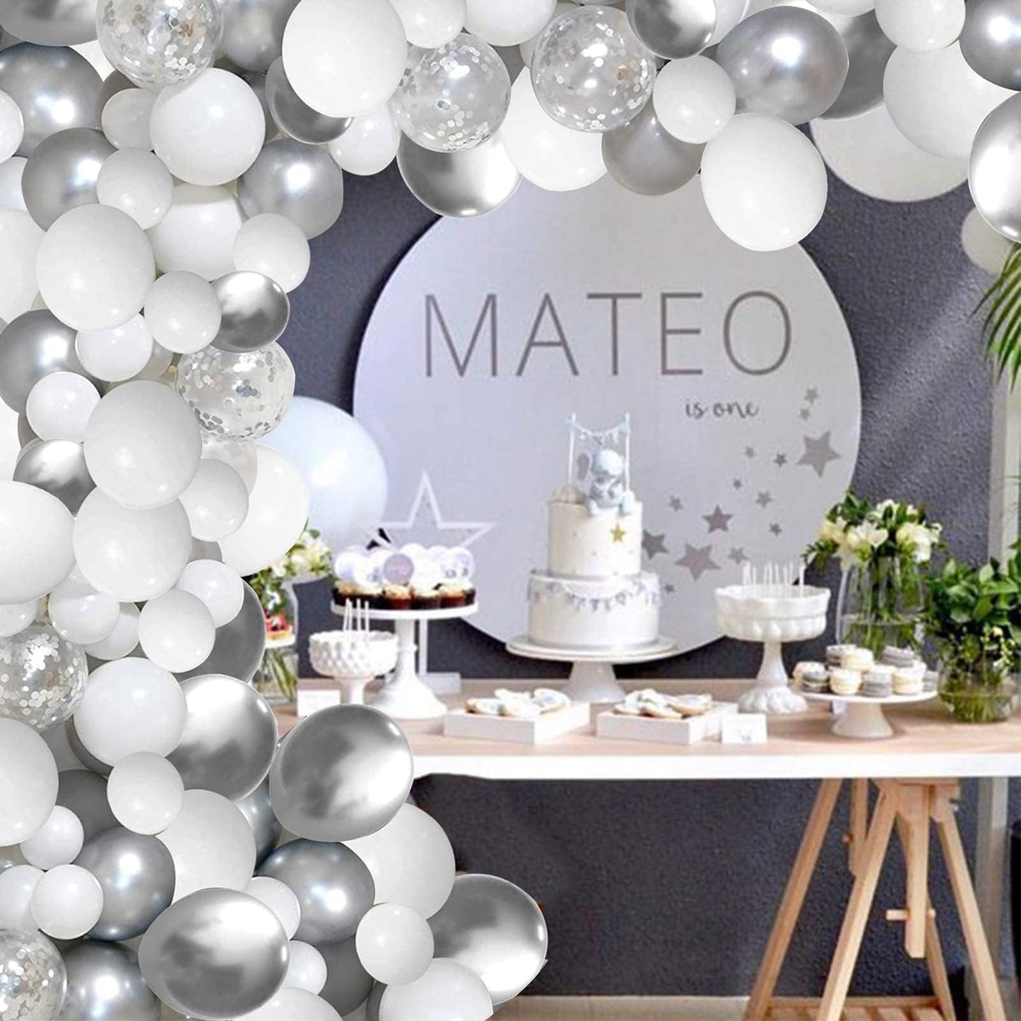 White And Silver Balloons Garland Arch Kit 5'10 Inch 12' White Silver Metallic Confetti Latex Balloons Arch Set For Christmas Winter Wonderland Birthday Baby Shower Wedding Party Winter Decor