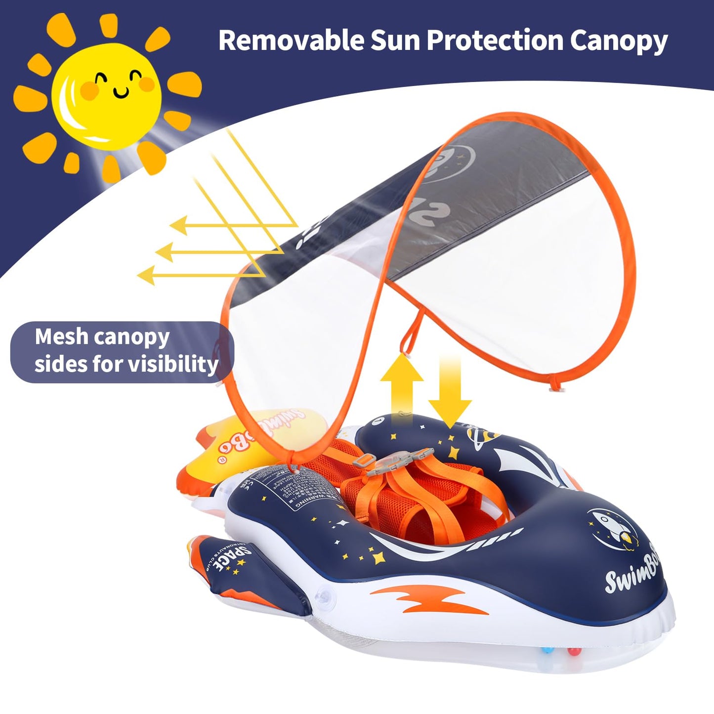 Swimbobo Inflatable Baby Swimming Float with Safe Bottom Support and Retractable Fabric Canopy for Safer Swims (Space Blue  Large)