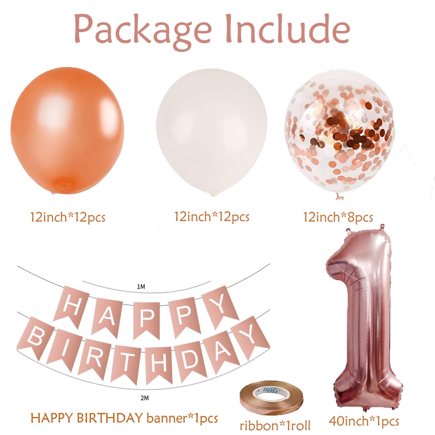 Rose Gold 40Inch Number 1 Balloon, First Birthday Decorations For Girl With Rose Gold White Confetti Balloons, Happy Birthday Ba