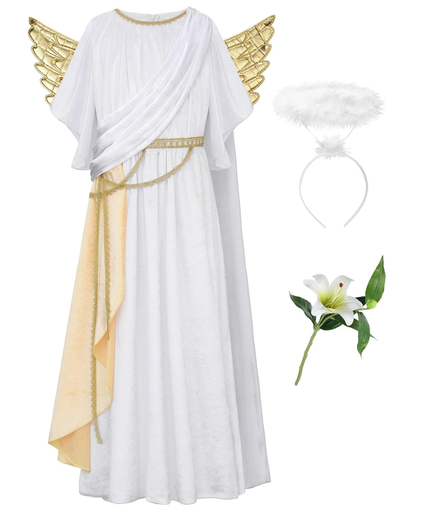 white dress for angel costume A silver tinsel halo is attached to a plastic headband for a classic finishing touch ReliParty Angel Costume Dress for