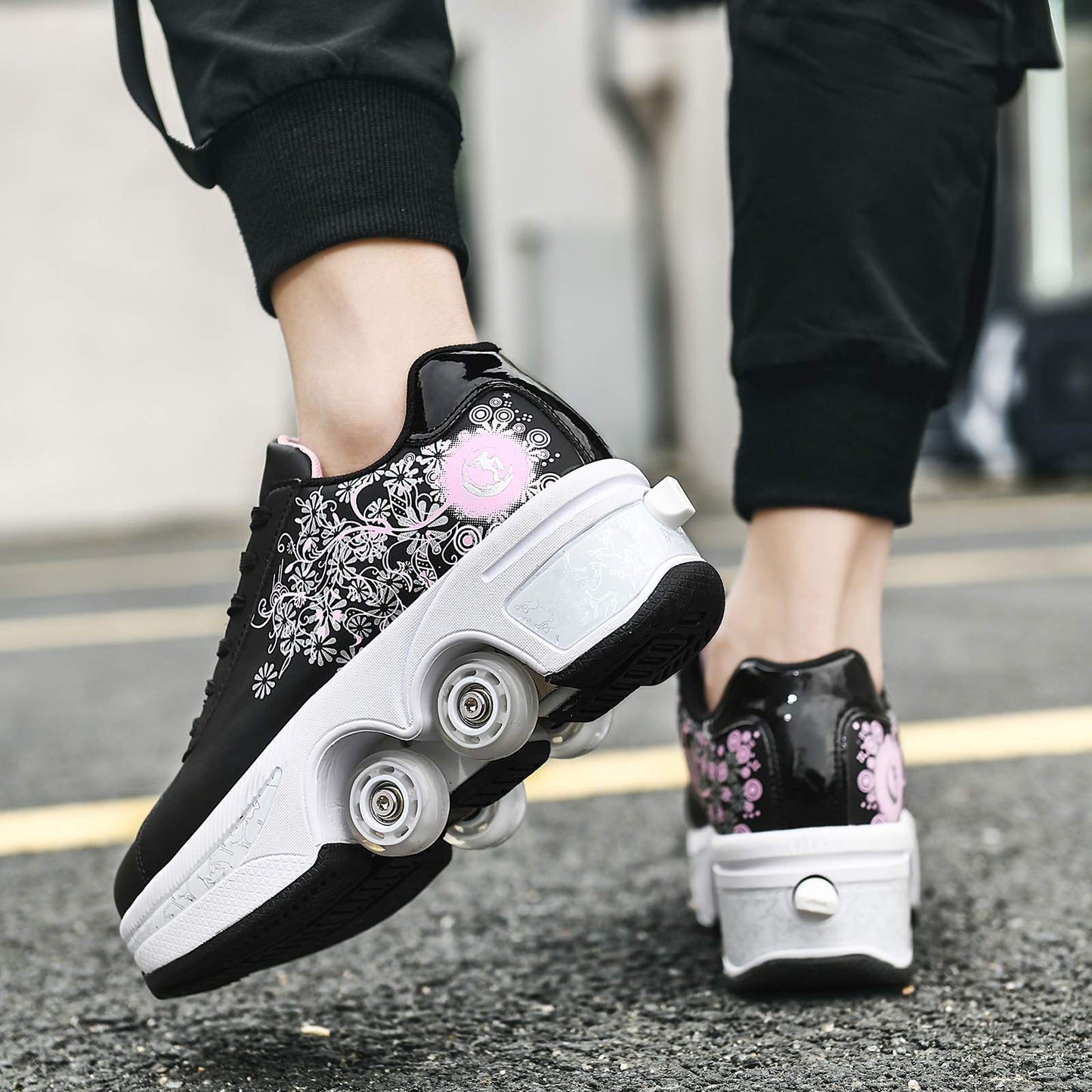 Wedsf Double-Row Deform Wheel Automatic Walking Shoes, 10.5, Black Powder, Removable Pulley Skates for Skating Parkour