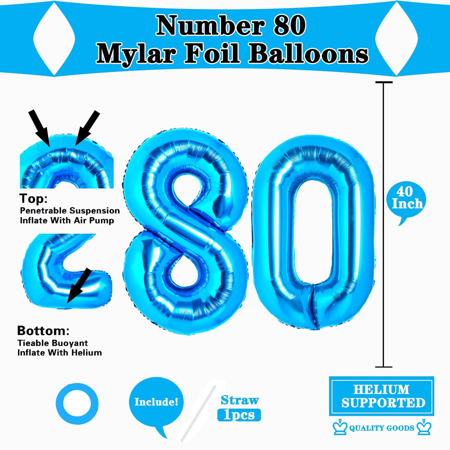 Uwpvowsr 40 Inch Large 80 Number Balloons Blue, Big Foil Number Balloons, Giant Helium Happy 80Th Birthday Party Decorations For