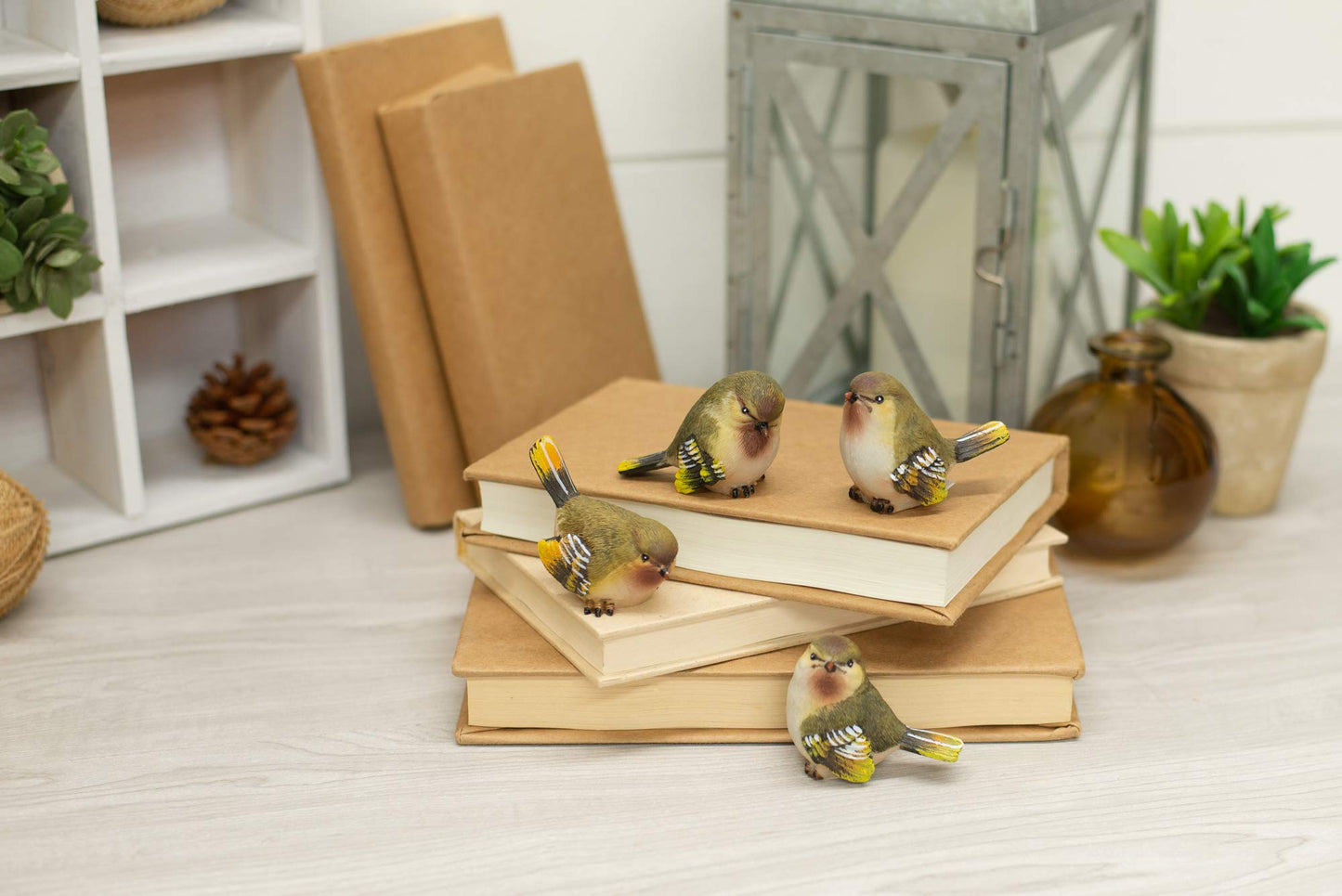 RAZ Imports Striped Wing Bird Figurine Set of 4, Resin, 2.5 x 2.25 inch, Sage Green