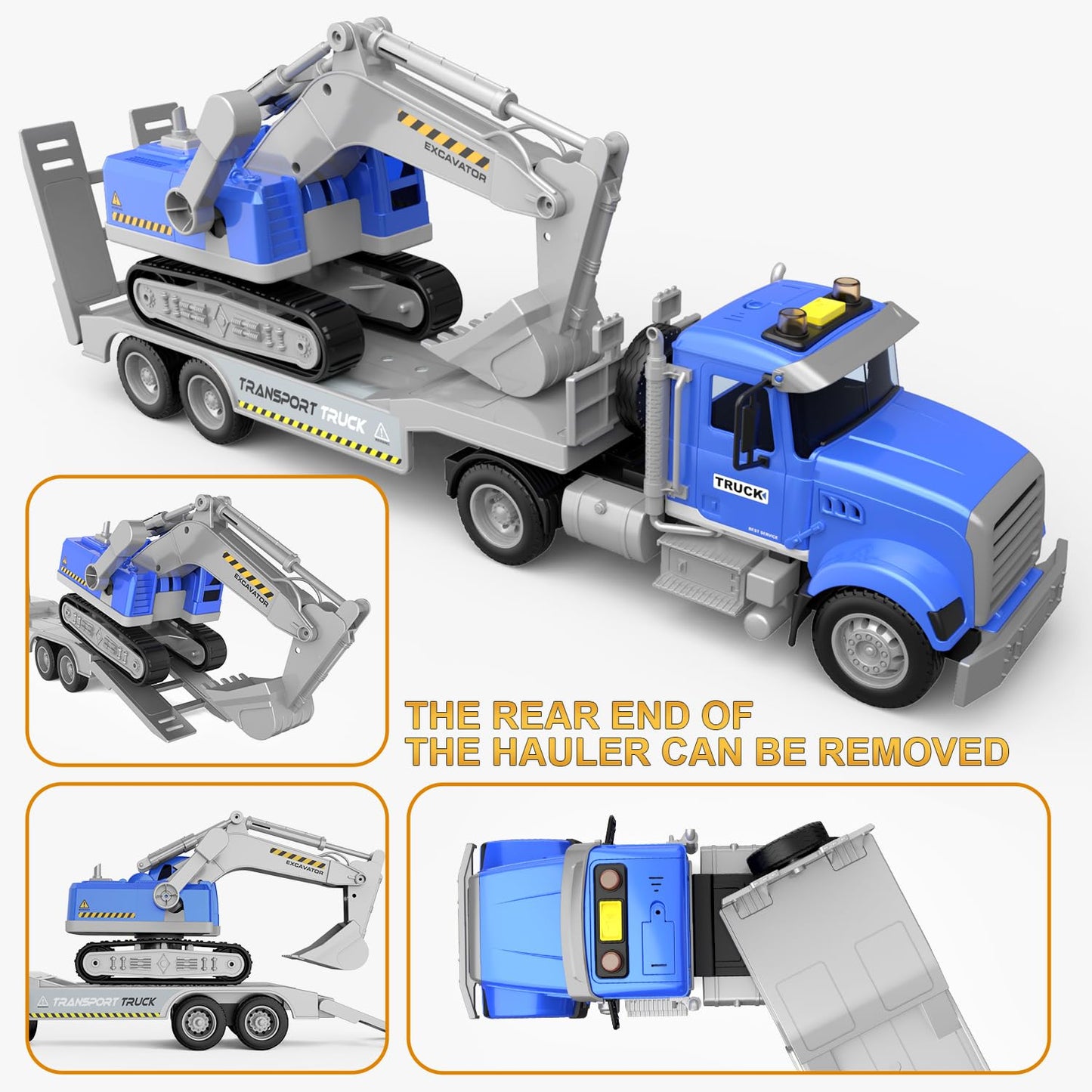 DOWELLIN 22" Semi Truck Toy Carrier with Excavator, Sound & Light, Friction Powered, Blue, Model PY6811B, Ideal for Boys & Girls 3-8 Years