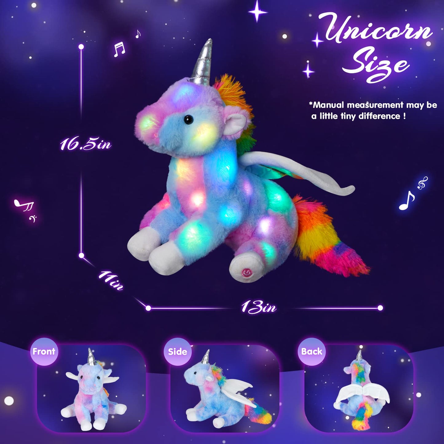 CozyWorld 16.5" Unicorn Light-Up Musical Plush Toy - Rainbow Unicorn, Soft Faux Fur, Perfect Gift for Toddlers and Kids
