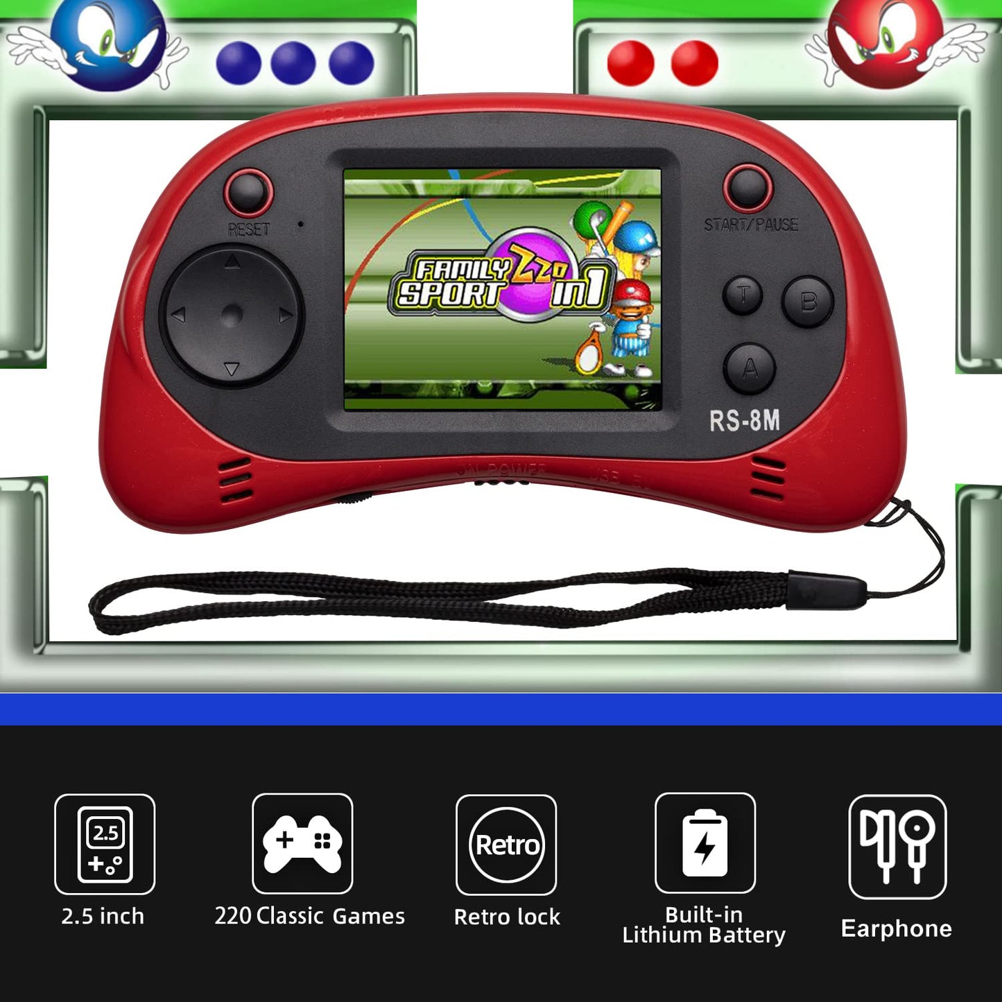Kids Handheld Games 16 Bit Retro Video Games Console With 220 Hd Electronic Games - 2.5'' Lcd Portable Travel Games Entertainment Gifts For Boys Girls Ages 4-12 (Classic Red)