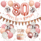 80Th Birthday Decorations Retro Pink Rose Gold,80Th Birthday Balloons,Happy 80Th Birthday Banner With Cake Toppers Rose Gold Num