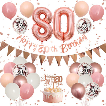 80Th Birthday Decorations Retro Pink Rose Gold,80Th Birthday Balloons,Happy 80Th Birthday Banner With Cake Toppers Rose Gold Num