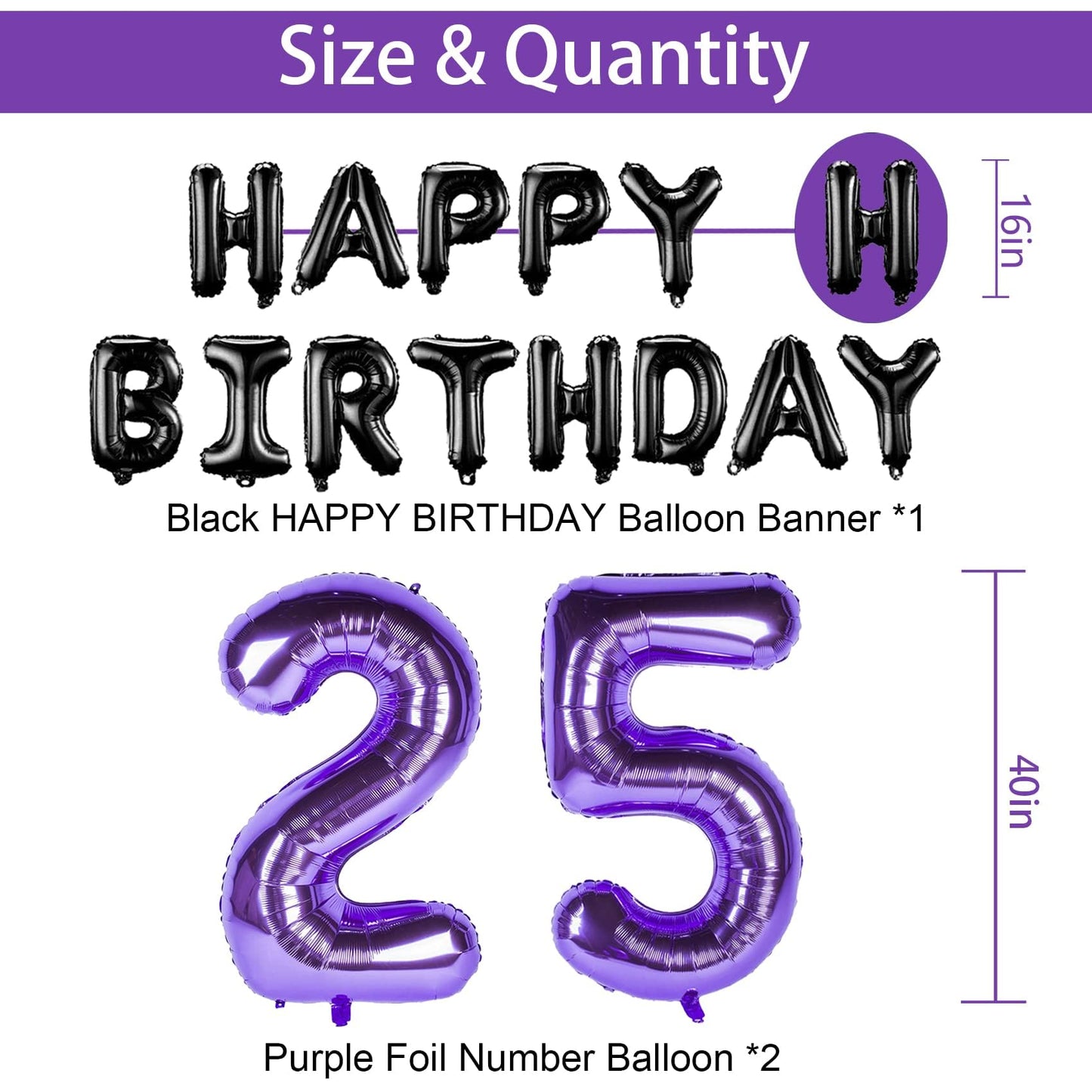 25Th Birthday Decorations For Women Men, Purple Black 25 Happy Birthday Balloons With Purple Number Balloons 25 Happy Birthday B