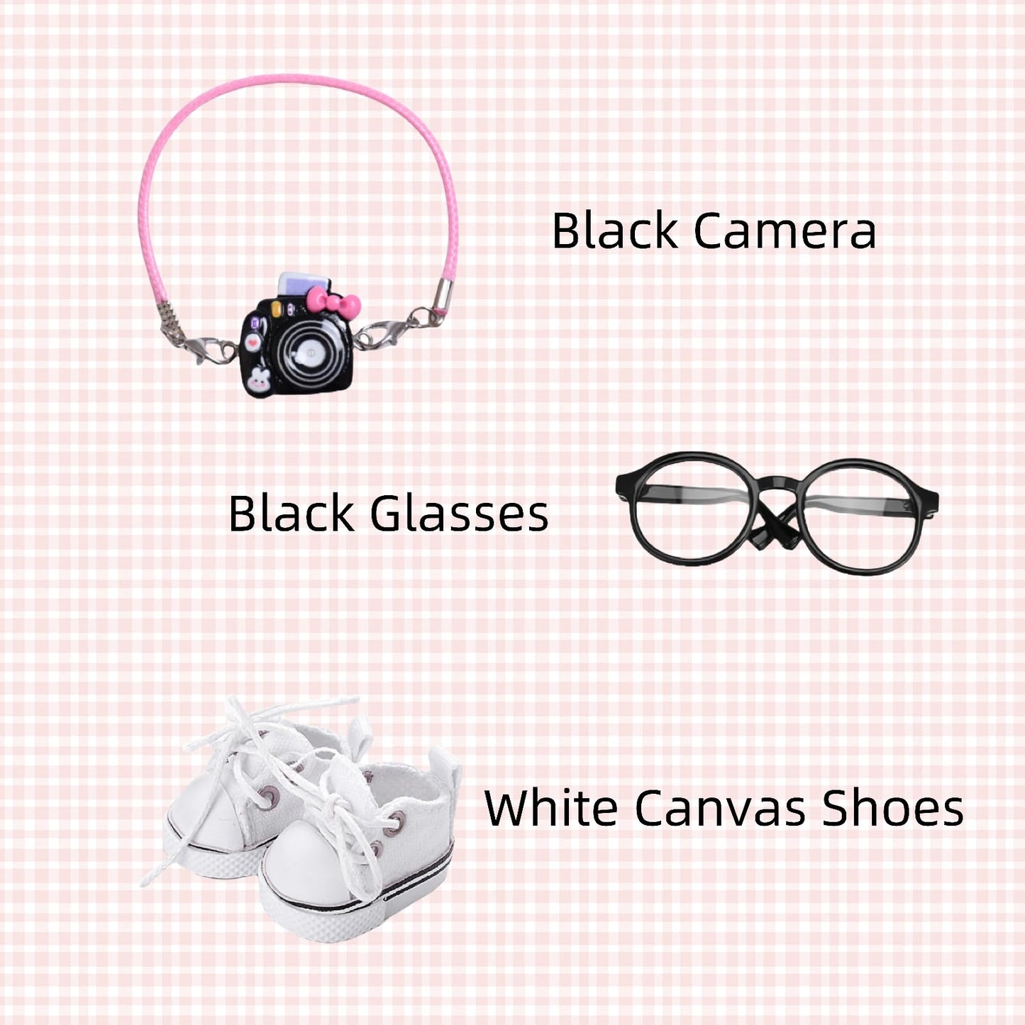 17cm Doll Designer Clothes  Dolls enhanced Outfit Set Accessories with Tshirt  Green Overall  Black Camera  Glasses  Shoes  Demin Bucket Hat  Green