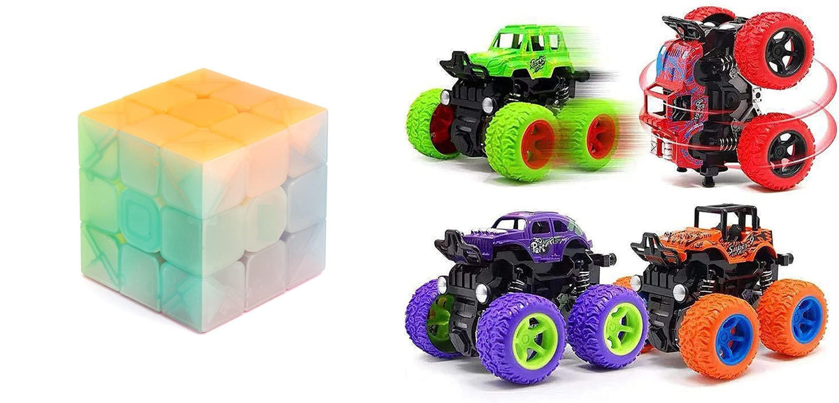 ManaBee 3x3 Jelly Edition Speedcube Puzzle Cube with Monster Truck Toy SetPack of 2 Large FrictionPowered 4WD Cars in Push and