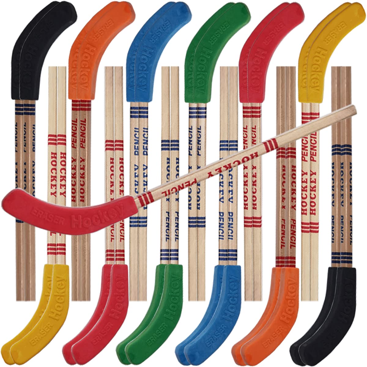 TIHOOD 24PCS Hockey Pencils and Erasers - Bulk 9 Inch Hockey Stick Sports Theme Party Supplies, Fun Cool Pencils for Hockey Fans
