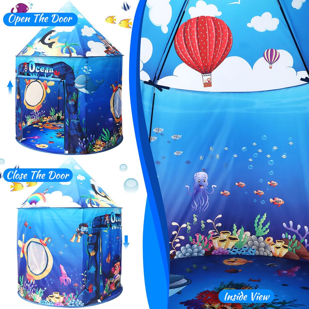 KIRKJUFELL Kids Tent - Ocean Mermaid Playhouse for Toddlers 3-5 - Large, Colorful Polyester, Blue