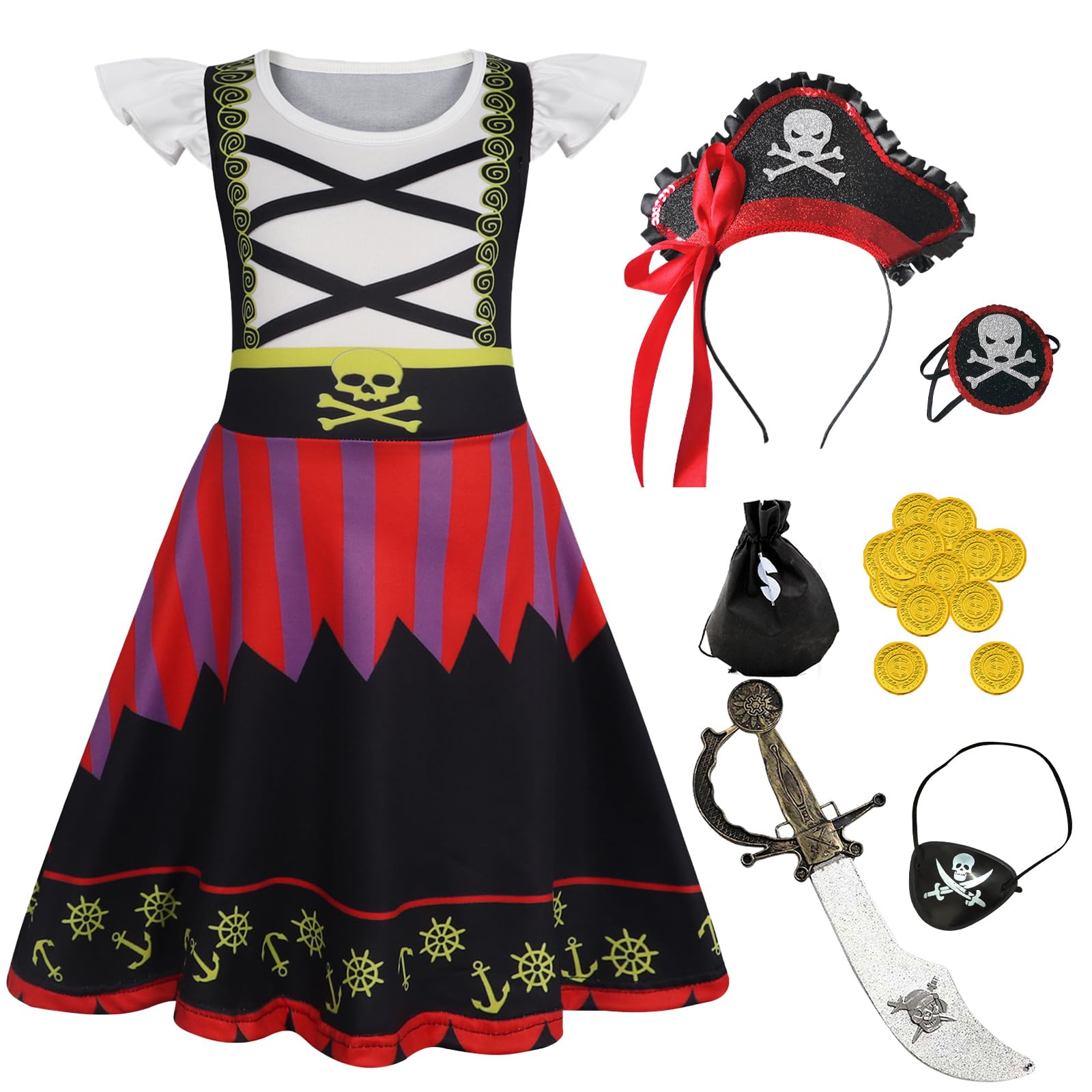 Eledobby Girls Princess Pirate Dress Halloween Outfits Buccaneer Costume Birthday Party Cosplay Dress Up 7-8Years