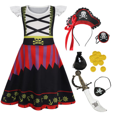Eledobby Girls Princess Pirate Dress Halloween Outfits Buccaneer Costume Birthday Party Cosplay Dress Up 7-8Years