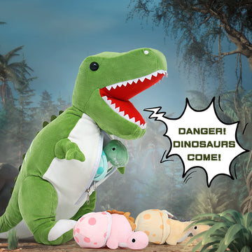 Tezituor Giant Dinosaur Stuffed Animal 23.6'' Big T-Rex Mommy Dinosaur Plush Toy With 3 Cute Baby Dinosaurs & 3 Egg Bags Inside Its Zippered Tummy For Boys Girls