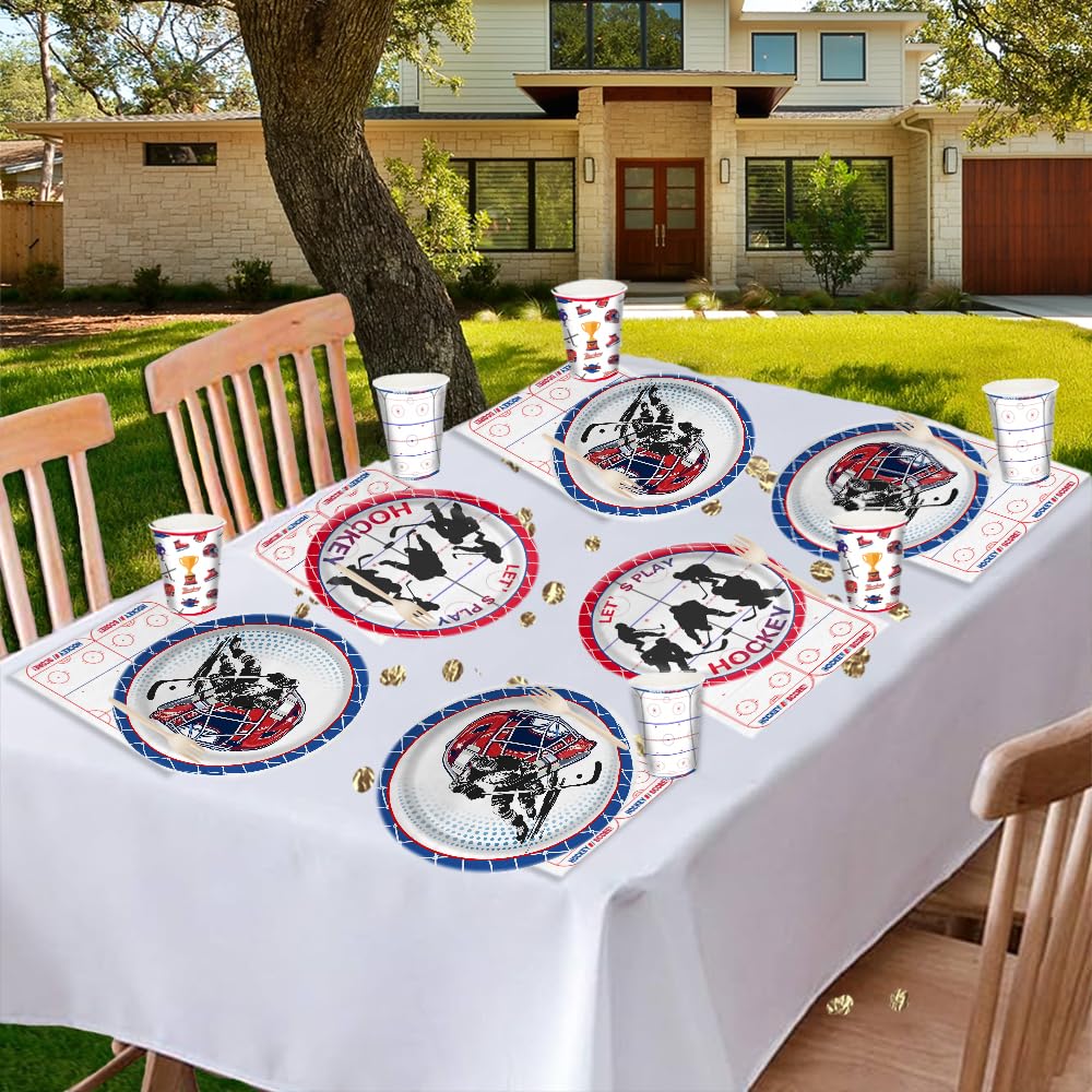 104 PCS Hockey Party Table Supplies Kit Serve 26, Includes Dinner Plates, Dessert Plates, Napkins, Cups for Ice Hockey Birthday