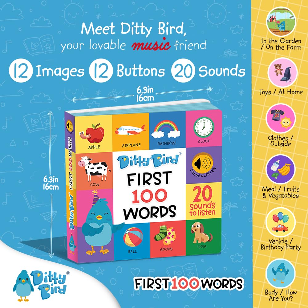 Ditty Bird Talking Books 100 Words | Fun Vocabulary & Speech Learning For Babies | Board Books For Toddlers 1-3 | Children'S Interactive Toddler Books With Great Pictures | Sturdy Baby Sound Books