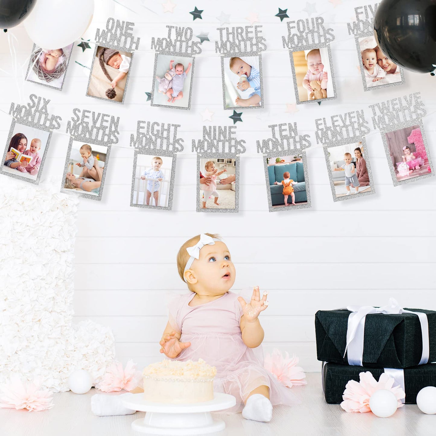 Whaline 1St Birthday Baby Photo Banner For Newborn To 12 Months, Monthly Milestone Photograph Bunting Garland, First Birthday Celebration Decoration (Silver)