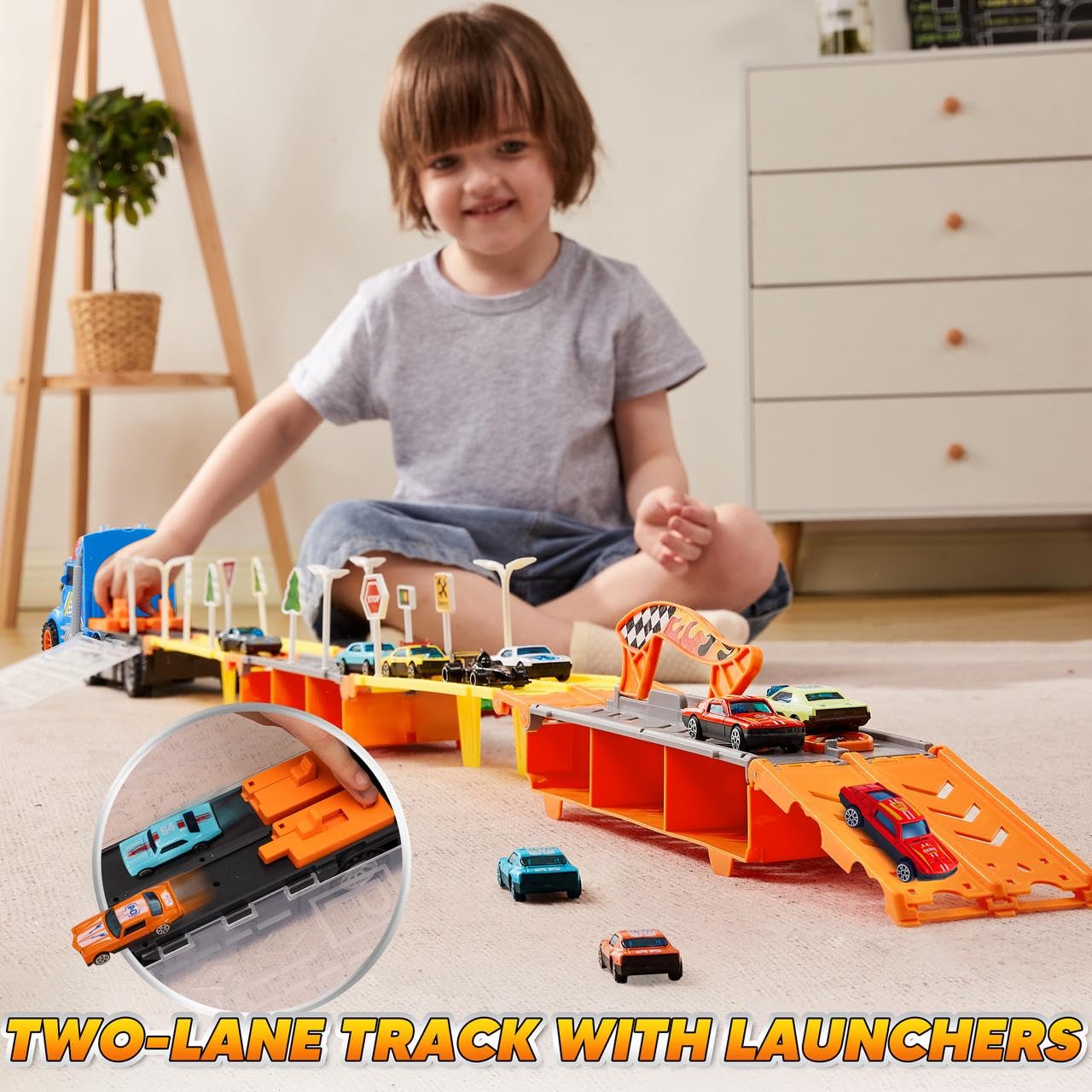 Joyin Toy Truck For Kids,5-Ft Race Track And 12 Die-Cast Metal Toy Cars, Racing Car With Lights & Sounds, Carrier Truck Playset