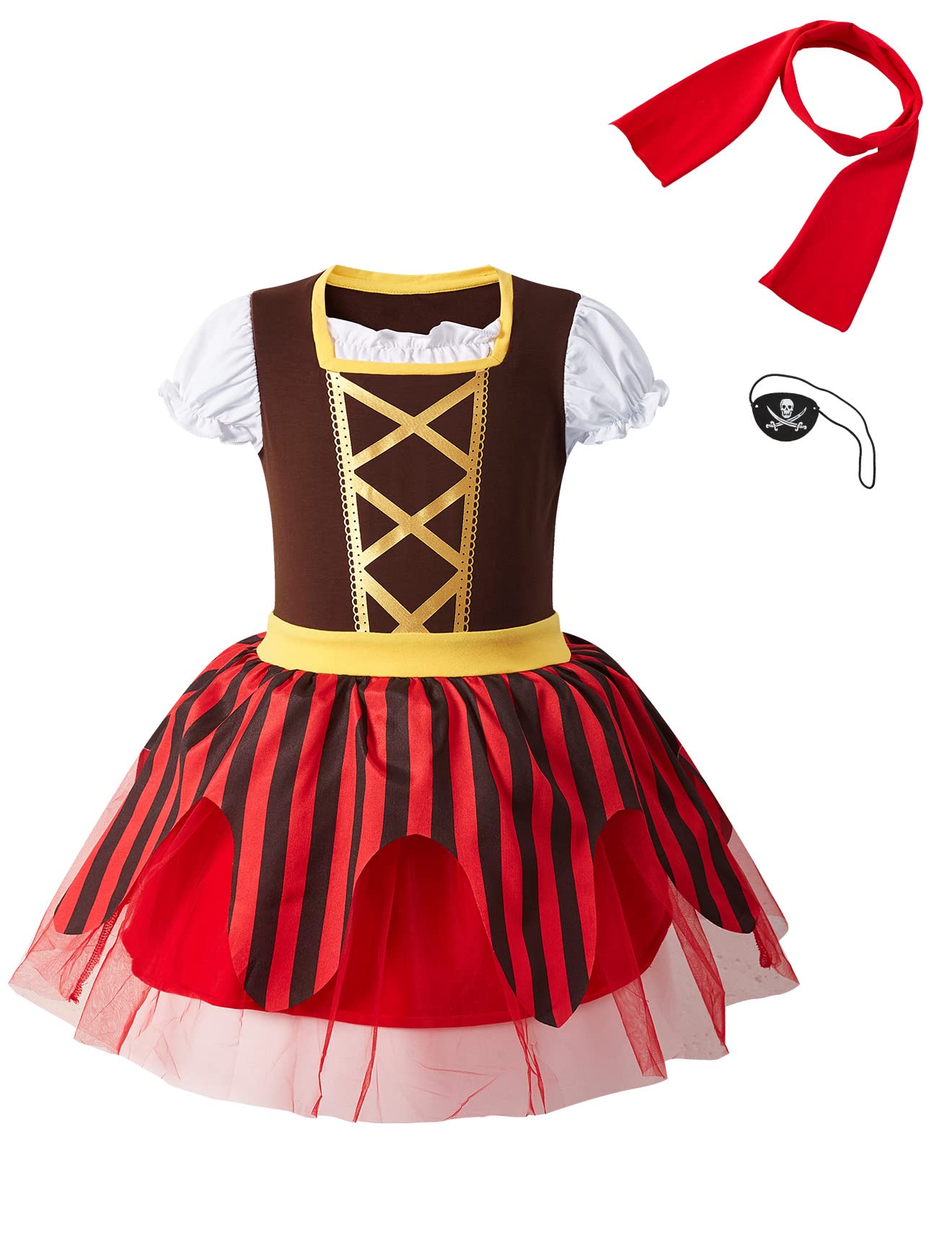 Auggle 3Pc Toddler Baby Girl Outfits Halloween Costume Stripe Skirt Kid Pirate Puff Sleeve Dress With Head Scarf (4T)