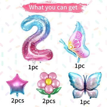 Butterfly Balloon 2Nd Birthday Decorations,Butterfly Balloons Colorful Gradient Pink Butterfly Foil Mylar Balloon For Fairy 2Nd Birthday Party Decorations Girl Party Supplies Baby Shower