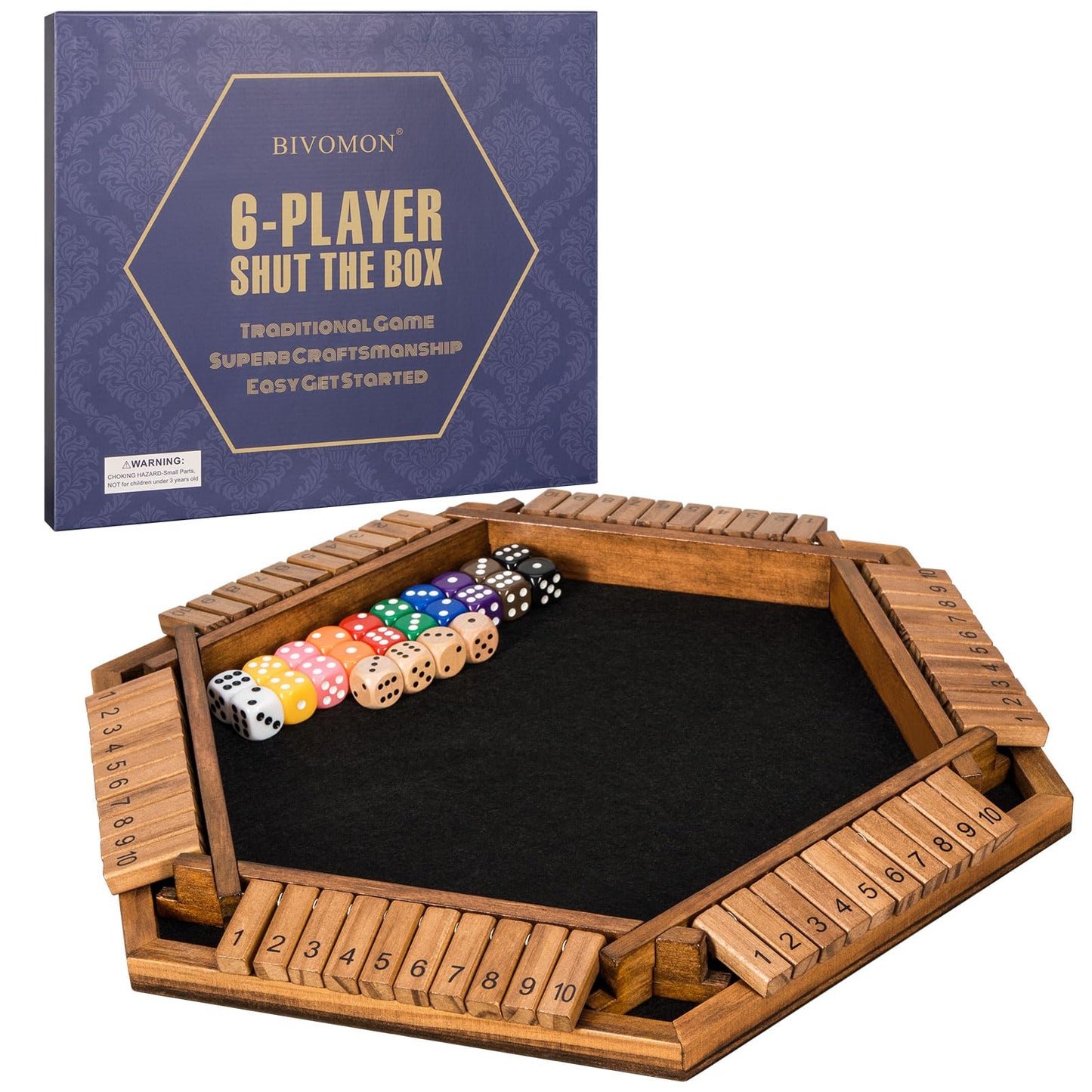 BIVOMON 1-6 Players Shut The Box Dice Game  Wooden Board Table Math Game for Kids mature-themed with 24 Dice  Close The Box Game for Family  Party  Christmas  Birthday