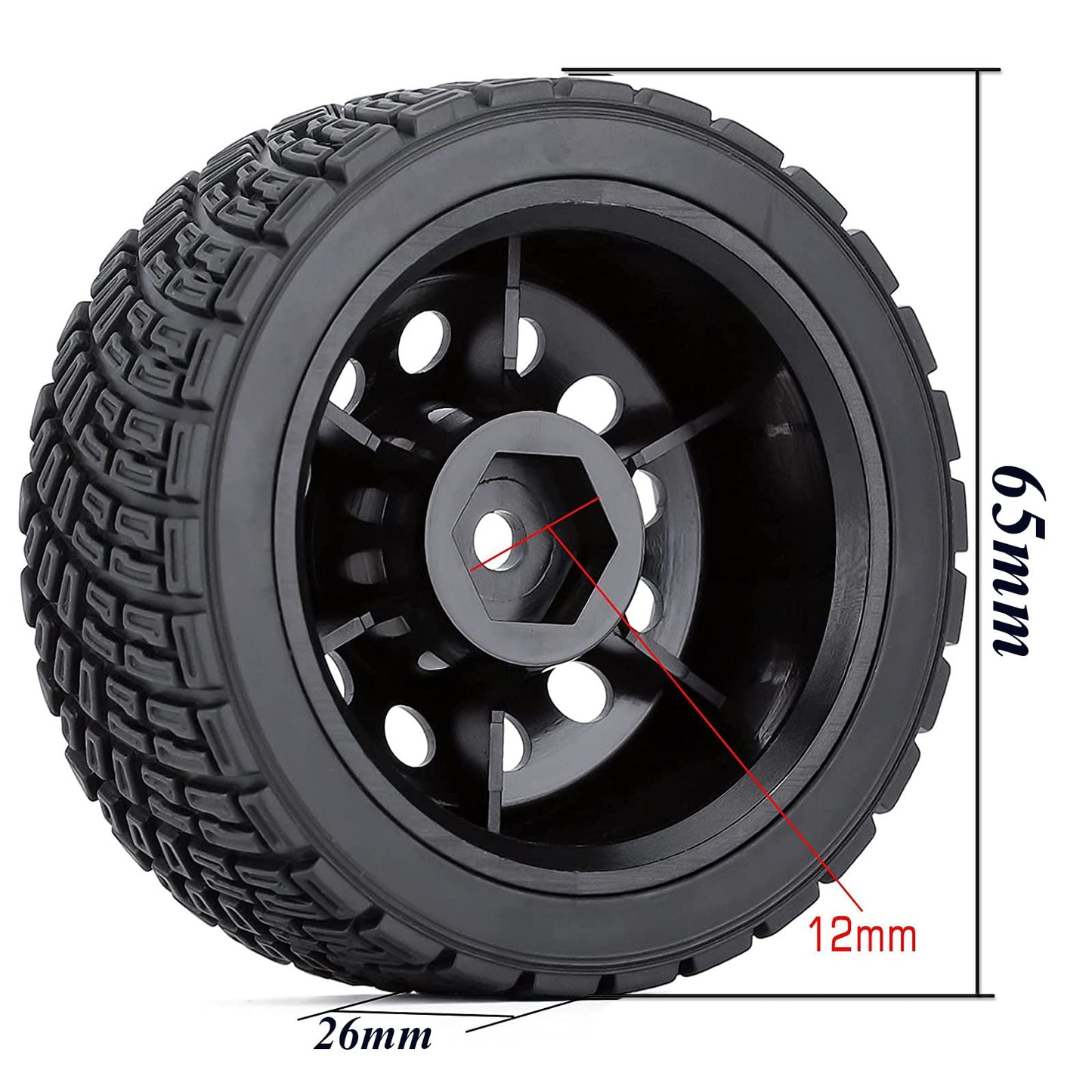 WONFAST 4PCS 65mm RC Rally Car Rubber Tires and Plastic Vintage Wheel Rims 12mm Hex Compatible with 1/10 RC On-Road Rally Racing