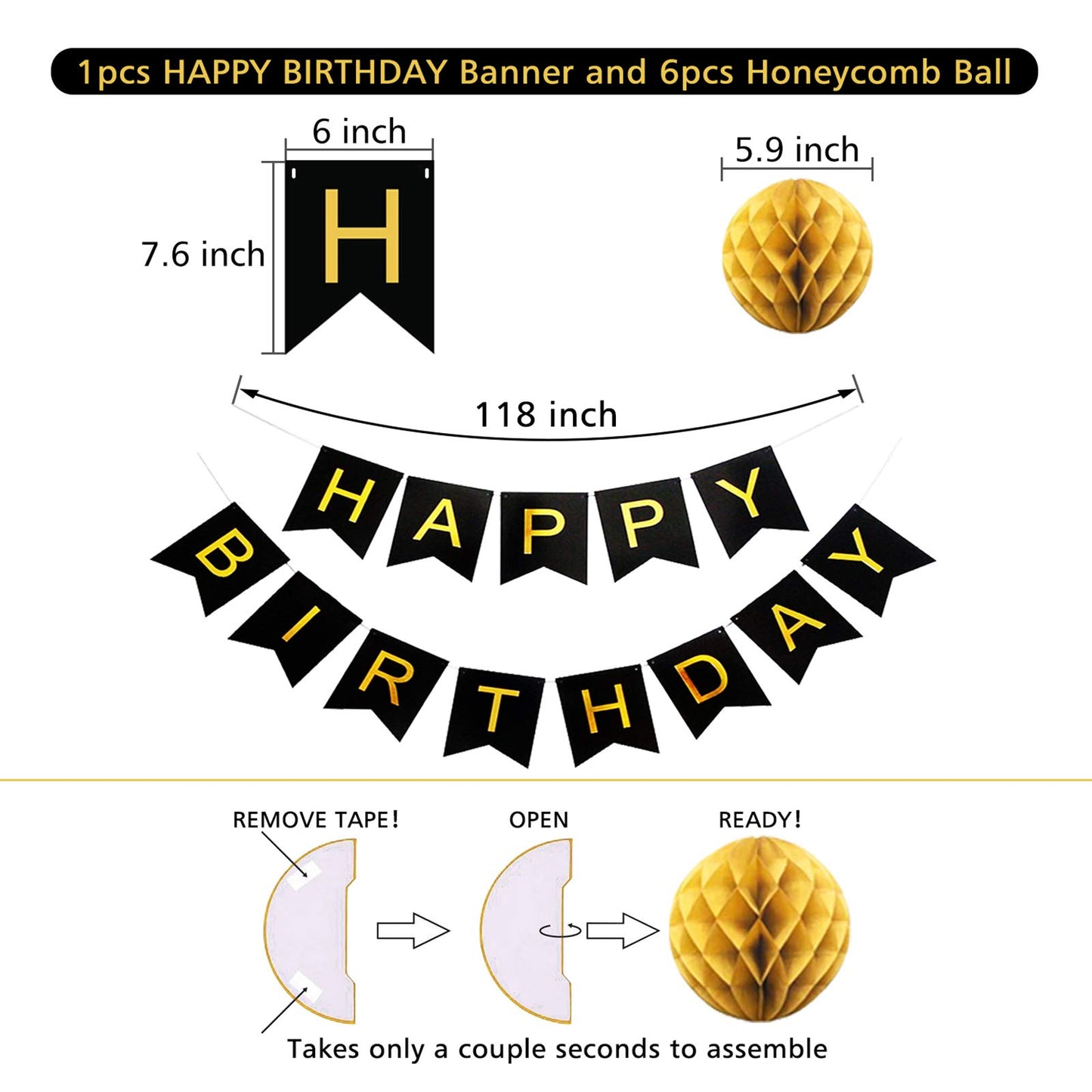 Black Birthday Decorations, Happy Birthday Banner, Paper Pom Poms, Circle Garland And Hanging Swirl Birthday Decorations, Black And Gold Birthday Decorations