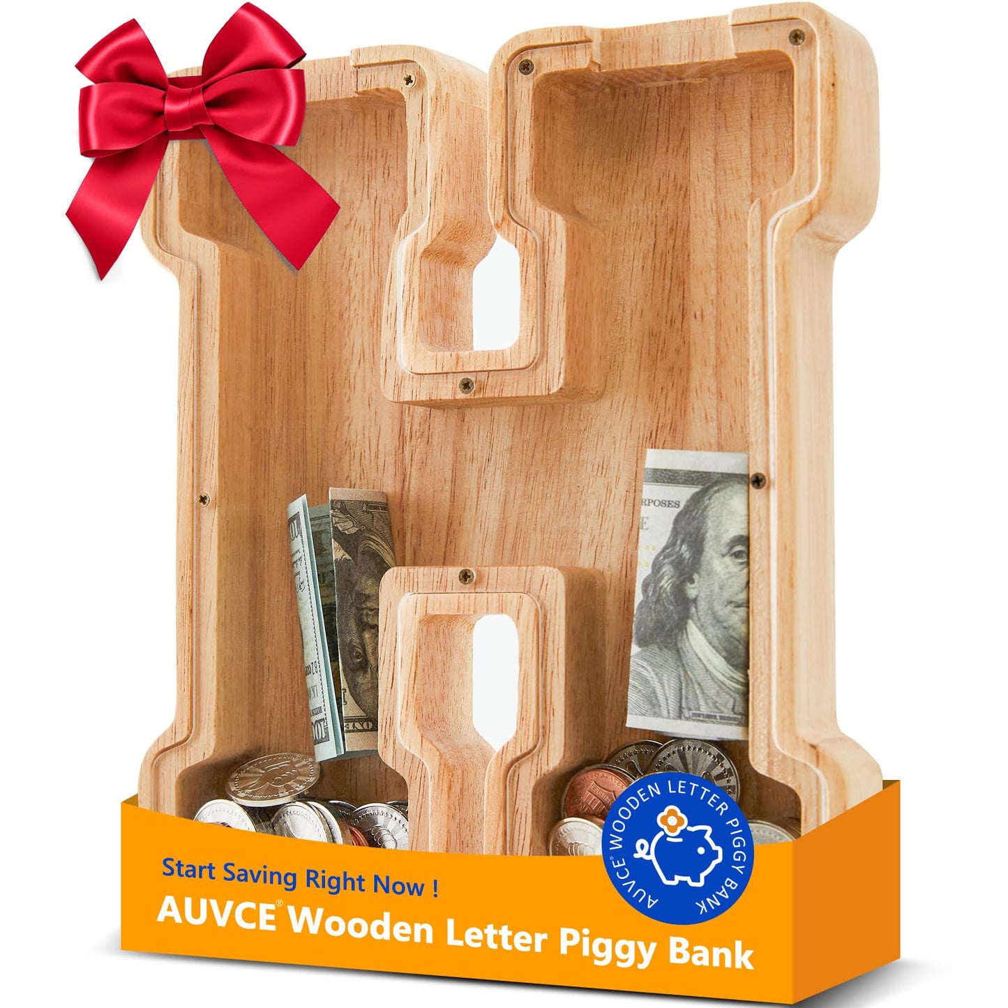 Wooden Letter Piggy Bank for Kids  Initial Coin Bank for Boys and Girls  First Name Personalized Savings Bank for Birthday Boys Girls Gift Piggy Bank for Kids (Wood  S9-H)