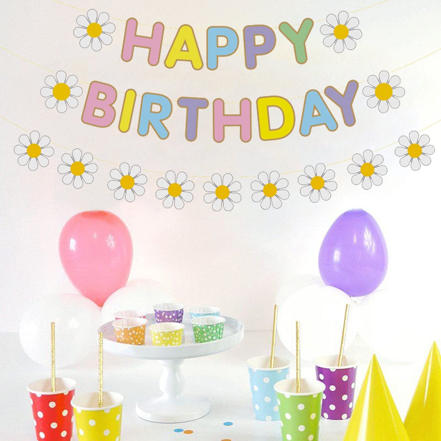Zwiebeco Macaron Daisy Birthday Party Decoration Supplies - Macaroon Little Daisy Happy Birthday Sign Banner Bunting Garland Han