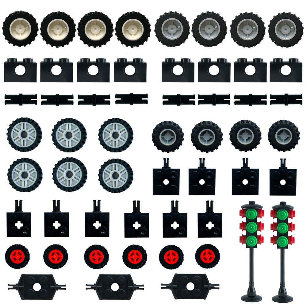 Wheels And Axles,Traffic Light ,Tires Bulk Lot - Building Bricks Block Education Wheels Set Toy Compatile With Major Brands, 52 Pcs, Over 6 Years Old