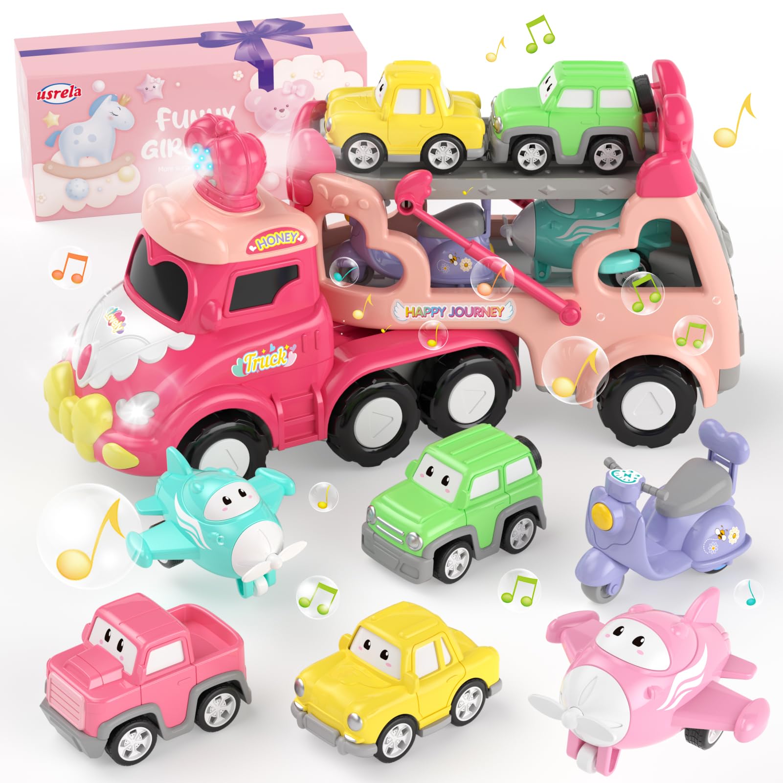 usrela Toys for 1 2 3 Year Old Girl Truck, 7-in-1 Toddler Girl Carrier Truck with Light & Music, Toddler Girl Toys Age 1-3 2-4, 