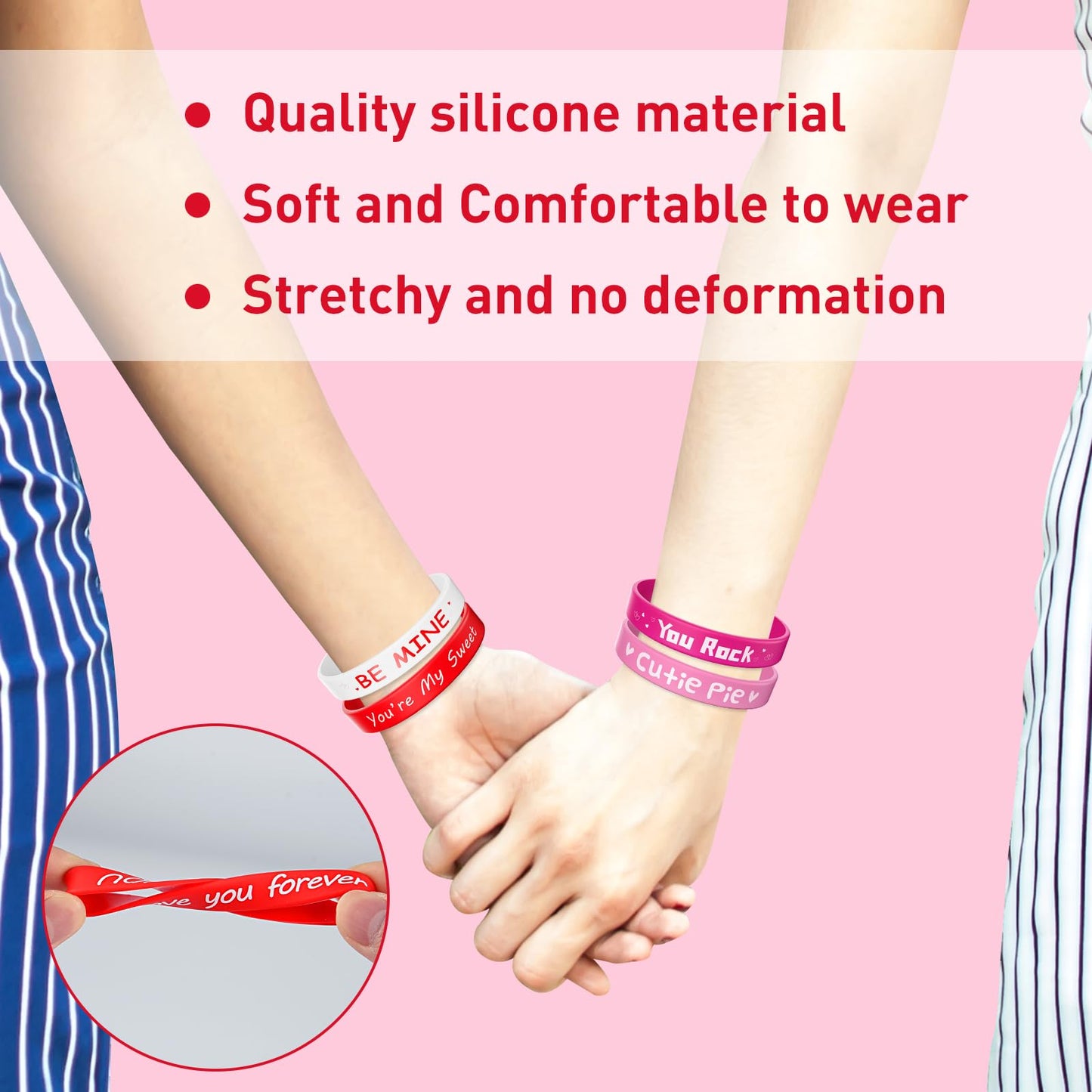 Morcheiong 42 Pieces Valentine's Day Party Favors Rubber Bracelets Pink Red Classic Silicone Wristbands for Kids Adults Valentin