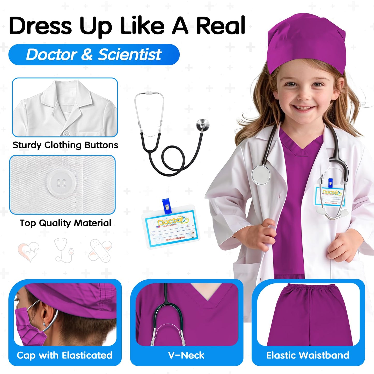 COTATERO Doctor Scrubs Costume for Kids With Stethoscope Lab Coat Career Day Costume Halloween Dress Up For Boys Girls 3-12 (Purple  L-130/5-6Y)