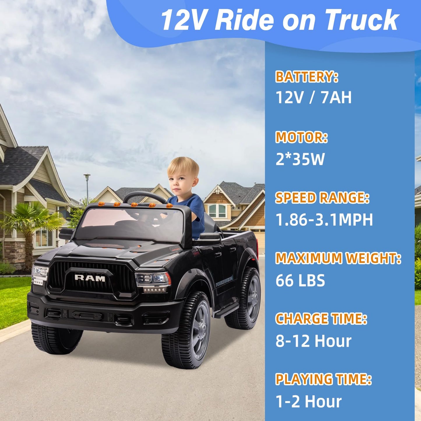 12V Ride-On Electric Truck, Licensed Dodge Ram 2500, With Remote Control, Led Light/Music/Mp3, Back Storage & Cup Holder, Kids E