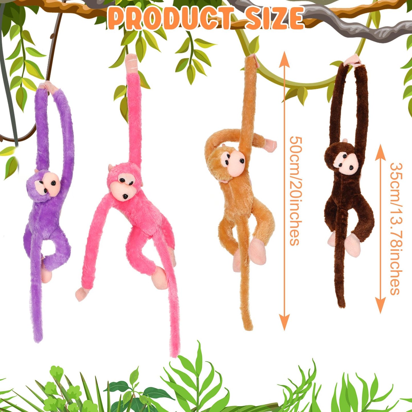 Chivao 8 Packs Stuffed Monkey Hanging Stuffed Animal Plush Monkey Toy with Hook and Loop Fasteners Hands 20 Inch Large Plush Ani