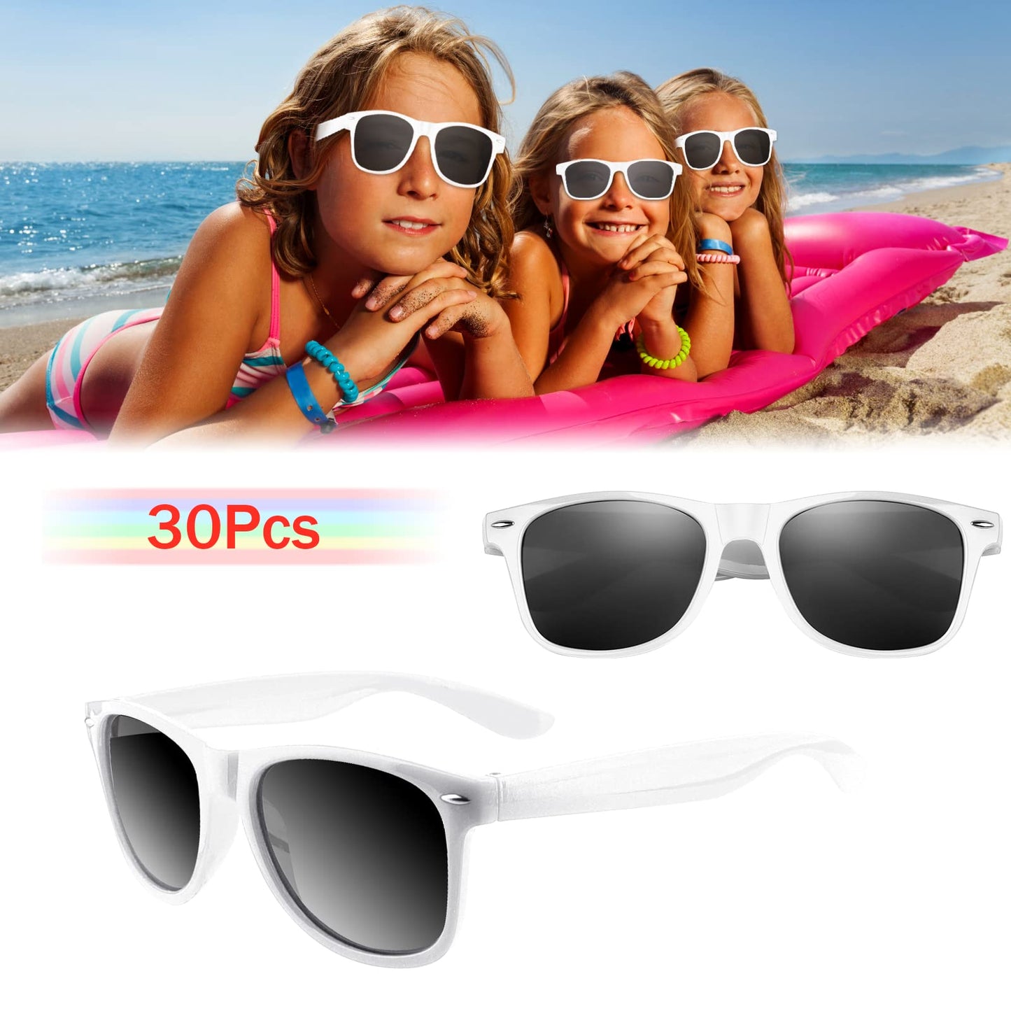 Fepito 30 Pieces Party Sunglasses For Birthday Party Supplies Treat Bag Fillers For Beach Pool Party Toys, White