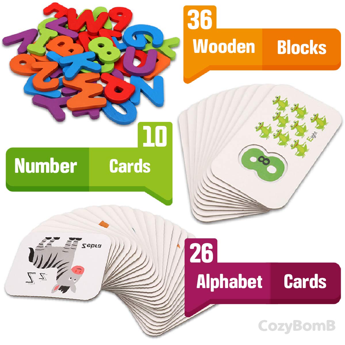 Cozybomb™ Toddler Alphabet Flash Cards - Preschool Activities Learning Montessori Toys Abc Wooden Letters Jigsaw Numbers Alphabets Puzzles Flashcards For Age 2 3 4 Years Old Educational For Kids Baby