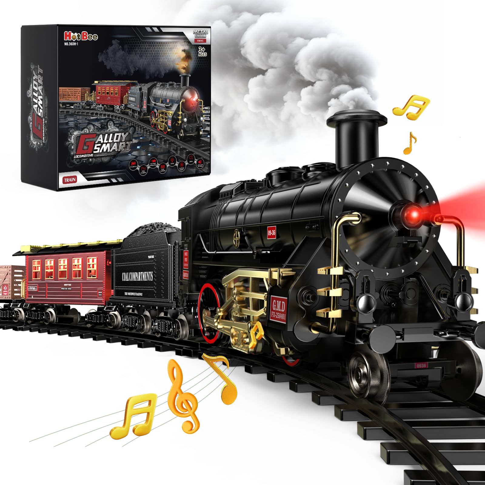 Hot Bee Train Set - Alloy Train Toys for Boys w/Glowing Carriage & Silent  Toy Train w/Smokes  Lights & Sound  Christmas Tree Train w/Steam Locomotive  Model Trains for 3 4 5 6 7 8+ Years Old Kids