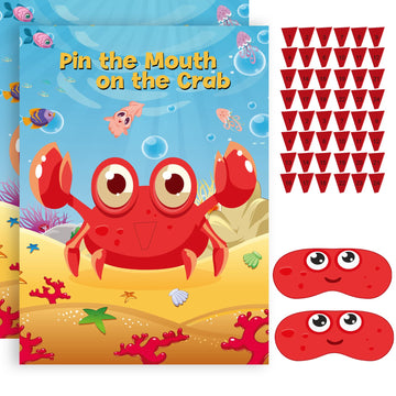 Neburora 2 Pack Pin The Mouth On The Crab Party Game 2 Large 21''X 28'' Posters With 48Pcs Stickers Ocean-Themed Birthday Party