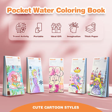 Paint With Water Coloring Books For Kids - 5 Pack, Pocket Mess Free Watercolor Painting Kit, Water Color Paint Set Arts And Craf